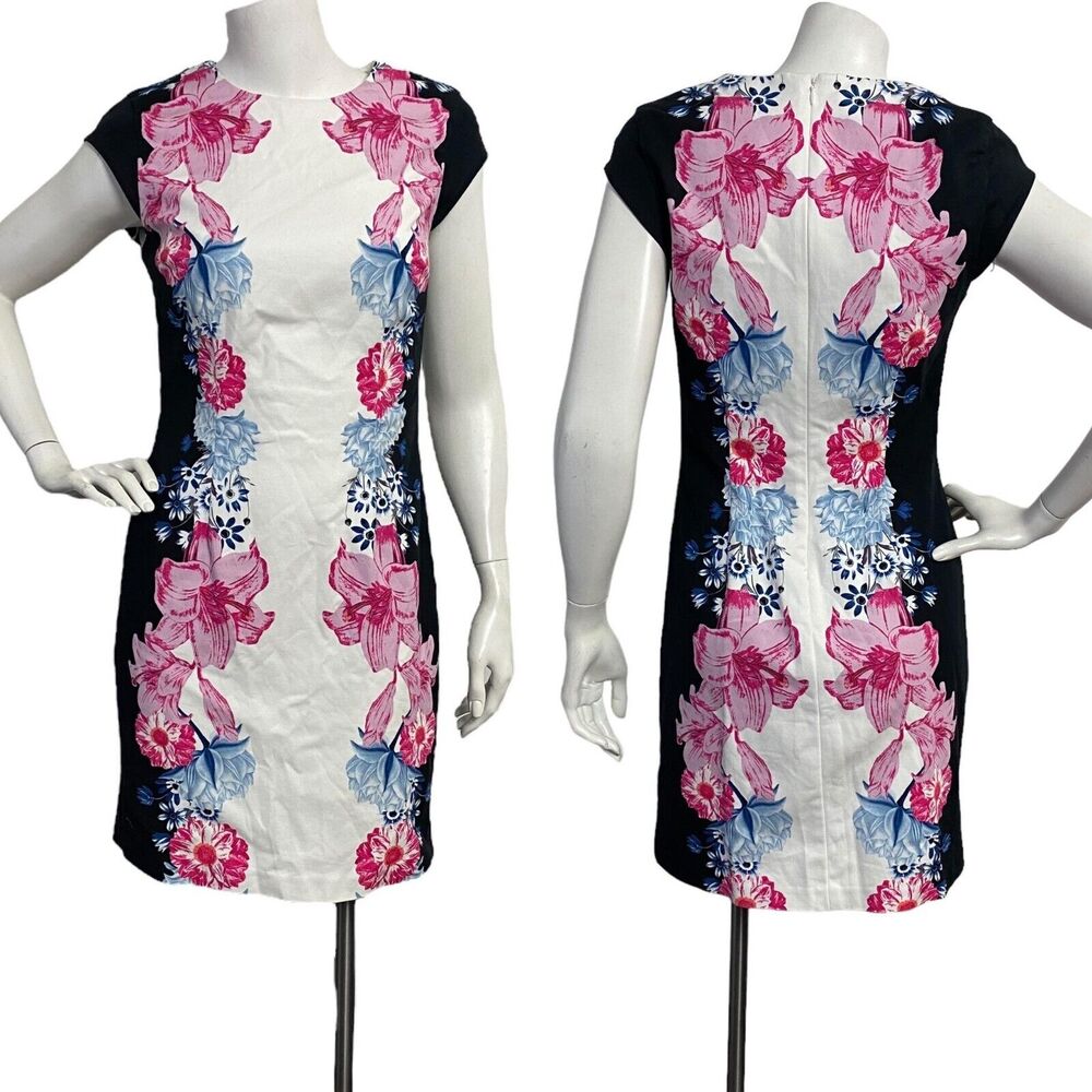 Cece Women's Cotton Cap Sleeve Dress Size 2 Black Blue & Pink Floral